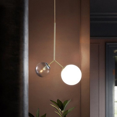 Twig Drop Lamp Postmodern White and Blue Ball Glass 2-Light Bedside Chandelier Light in Gold