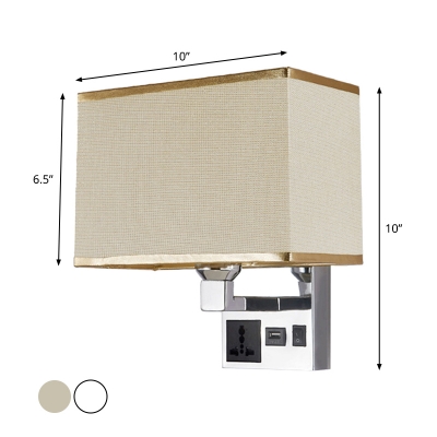 White/Flaxen Cuboid Wall Lighting Modern 1 Bulb Fabric Wall Light Sconce with Outlet and USB Port