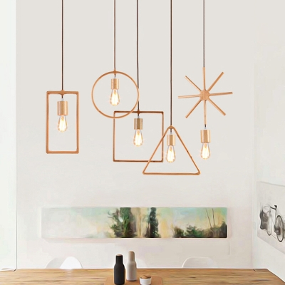 Wood Triangle/Flower/Square Pendant Light Minimalist 1-Light Beige Hanging Lamp with Open Bulb Design