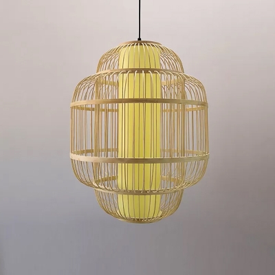 2-Layered Ceiling Hanging Lantern Asian Bamboo 1-Light Beige Pendant Lamp, 16