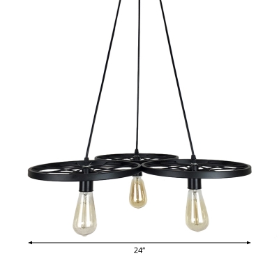 3/6-Light Wheel Chandelier Lamp Rustic Black Wrought Iron Suspension Lighting for Restaurant