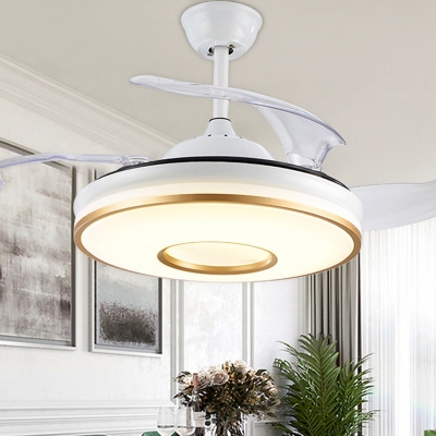 4 Blades Restaurant LED Ceiling Fan Light Minimalist White-Gold Semi-Flush Mount with Round Acrylic Shade, 19