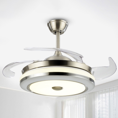 Acrylic Drum LED Semi Flush Light Minimalist 4-Blade Ceiling Fan Lamp Fixture in Silver, 19
