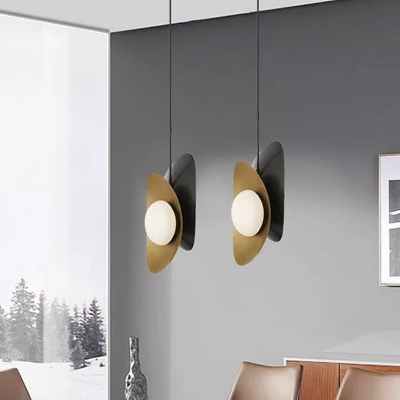 Avant-Garde Postmodern Ellipse Ceiling Light Metal 2-Bulb Cafe Cluster Pendant in Black/Gold with Milk Glass Shade