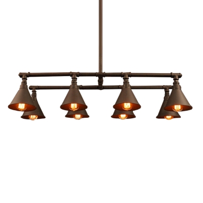 Black/Rust Water Pipe Hanging Pendant Industrial Iron 8 Heads Restaurant Island Lamp with Funnel Lampshade