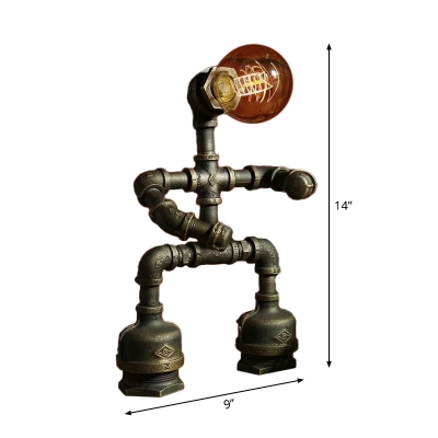 Brass/Copper Pipe Man Table Light Industrial Metal 1 Head Boys Room Night Stand Lamp with Naked Bulb Design