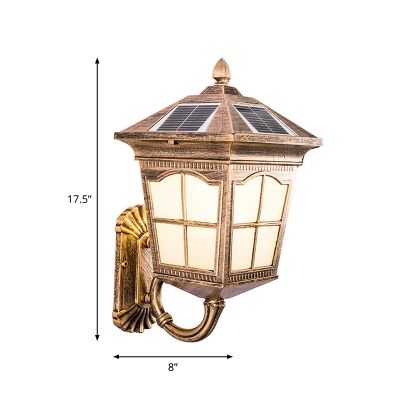 Brass Solar Powered LED Wall Light Traditional Frosted Glass Small/Large Pagoda Lantern Sconce