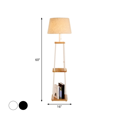 Cone/Round/Empire Shade Floor Light Contemporary Fabric 1-Light Black/White Standing Lamp with Wood Table/Shelf