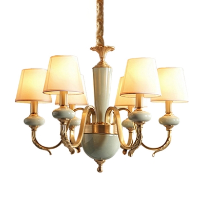 Conical Dining Room Ceiling Chandelier Countryside Ceramic 6 Lights Gold Pendant Lamp with Fabric Shade