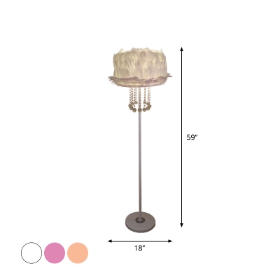 Feather Round Reading Floor Light Modern 1 Head White/Pink/Apricot Standing Lamp with Trim and Crystal Drop