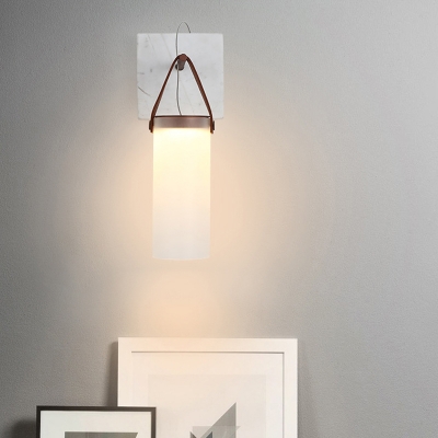 Frosted White Glass Cylindrical Wall Light Designer Integrated LED Sconce with Leather Strap and Marble Backplate