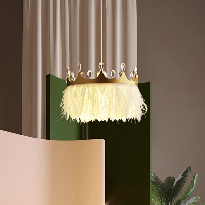 Gold Crown Hanging Lamp Kit Nordic Single-Bulb Crystal Pendant Light with Feather Fringe, 16
