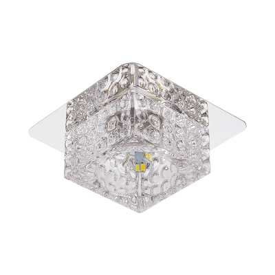 Hammered Crystal Square Ceiling Lamp Minimalist Chrome LED Flush Mount Lighting in Warm/White/Purple Light