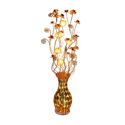 LED Stand Up Light Art Deco Vase and Lotus Shape Aluminum Wire Floor Lamp in Gold for Living Room
