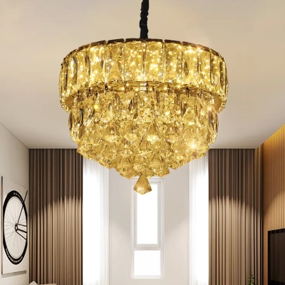 Modern Round/Square Tiered Pendant Lamp Clear Crystal Living Room LED Hanging Light in Stainless Steel