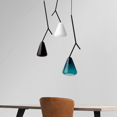 Modern Style Twig Pendant Lamp Iron 1-Light Dining Room Hanging Light with Cone Blue/White/Black Glass Shade