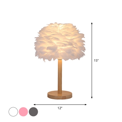 Nordic Style Blossoming Table Lamp Feather 1-Light Baby Girls Room Night Light in White/Pink/Grey and Wood
