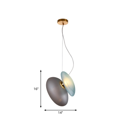 Pebble Shaped Hanging Light Kit Postmodern Light Blue/Cream and Smoky Glass 2 Heads Brass Cluster Pendant Light