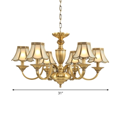 Scalloped Shade Frosted Glass Hanging Light Antique 3/8/10 Bulbs Living Room Chandelier in Brass