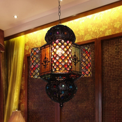 Stained Glass Palace Lantern Pendant Turkish Style 1 Head Bedside Pendulum Light in Copper
