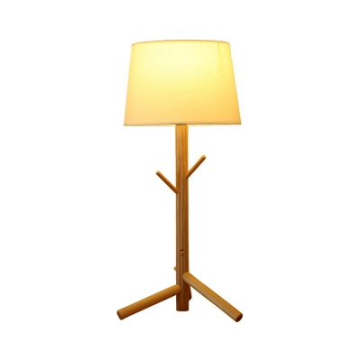 Tapered Drum Bedside Night Lamp Fabric 1 Head Nordic Table Lighting with Branched Rack in Wood