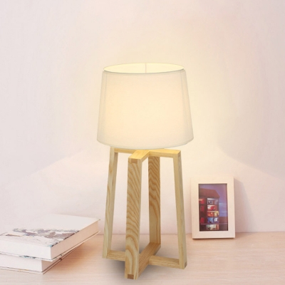 Tapered Fabric Table Light Nordic 1 Bulb White Nightstand Lamp with Dual Wood Frame