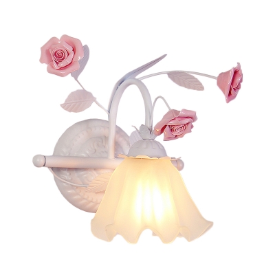 White Flower Wall Sconce Light Romantic Pastoral Frosted Glass Single Corridor Wall Lamp