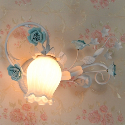 1 Head Tulip Wall Mount Lamp Pastoral Pink/Blue Frosted White Glass Sconce Light Fixture for Bedroom