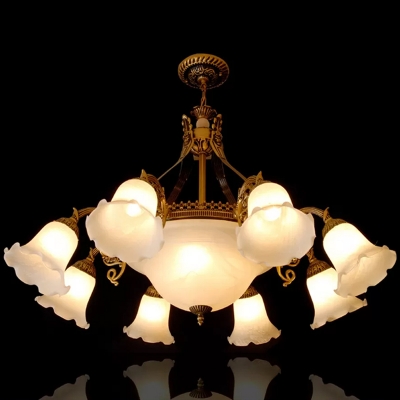 11-Light Cream Glass Hanging Lamp Rustic Bronze Bellflower Restaurant Ceiling Chandelier