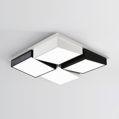 4/6-Head Novelty Modern LED Ceiling Light Black and White Block Square/Rectangle Flush Mount with Acrylic Shade, White/3 Color Light