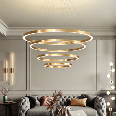 Brass 2/3/4-Tiered Ring Drop Lamp Minimalistic Metal LED Chandelier Light Fixture for Living Room