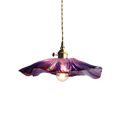 Clear/Purple Glass Flower Drop Pendant Stylish Modern 1-Bulb Brass Finish Hanging Ceiling Light with Rotary Switch
