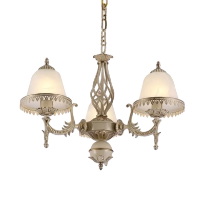 Cloche Lobby Ceiling Chandelier Traditional Opaline Glass 3 Lights White Hanging Lamp Kit with Leaf Fringe