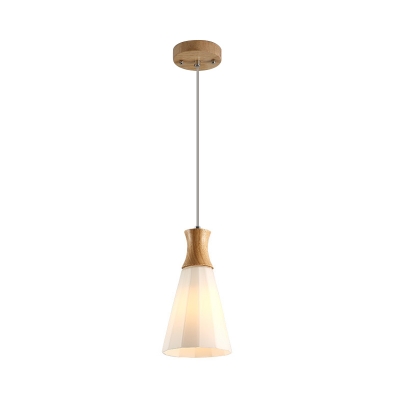 Conical Frosted White Glass Pendant Lamp Nordic 1/3-Head Wood Hanging Light Kit with Round Canopy