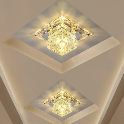 Corridor LED Ceiling Lighting Simple Chrome Flush-Mount Light with Cube Clear Crystal Shade, Warm/Blue/Purple Light