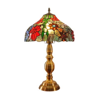 Cut Glass Bowl Shaped Night Lamp Tiffany Style 1-Light Brass Finish Petal Patterned Table Lighting with Pull Chain