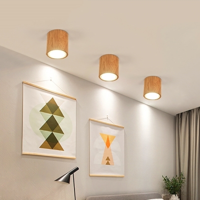 Cylinder/Square Foyer Flush Mount Light Wood Nordic Style LED Close to Ceiling Lamp, 4
