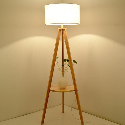 Drum Reading Floor Lamp Nordic Fabric 1 Bulb Beige/Brown Tripod Standing Light with Inserted Wood Rack