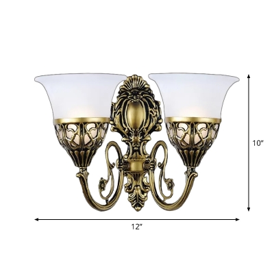 Flared Corridor Wall Mount Lamp Traditional Opal Glass 2-Head Bronze Wall Light Kit with Curved Arm