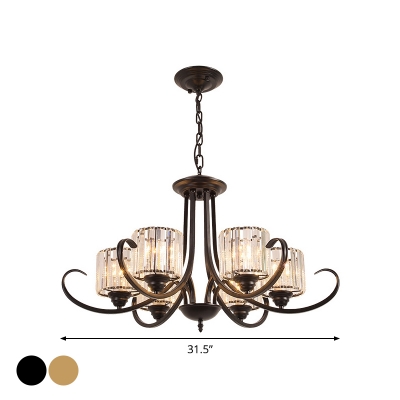 Floral/Cylinder Living Room Pendant Light Retro Clear Crystal 6/8-Light Black/Gold Chandelier with Scrolled Arm