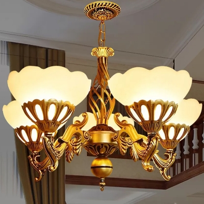 Gold Finish 5 Lights Ceiling Pendant Traditional White Glass Blossoming Flower Chandelier