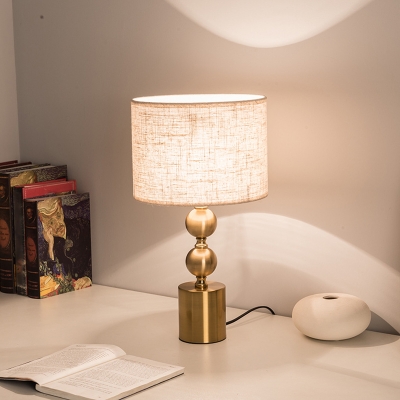 Gold Gourd Night Table Lamp Postmodern 1 Light Metal Nightstand Light with Cylinder Fabric Shade