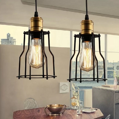 Iron Wire Cage Pendant Light Fixture Industrial-Style 1 Head Bedside Suspension Lamp in Black