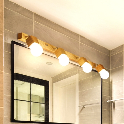Linear Rotating Vanity Wall Light Nordic Wood 2/3/5-Light Beige Wall Sconce with Exposed Bulb Design
