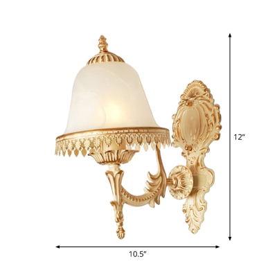 Milk Glass Beige Wall Light Kit Bell Shaped 1 Bulb Traditional Wall Mounted Lighting with Floral Fringe