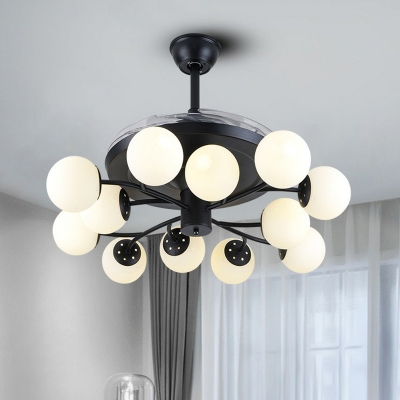 Milky Glass Ball Hanging Fan Lamp Modernist 12 Bulbs Black Semi Mount Lighting with Blades, 42