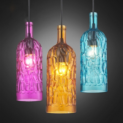 Pebbled Glass Coffee/Rose Red Pendant Bottle Shaped 1 Head Loft Style Hanging Light for Wine Bar