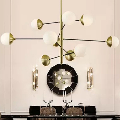 Postmodern Ball Chandelier Light White Glass 10 Bulbs Living Room Suspension Lamp with Tiered Arm in Gold