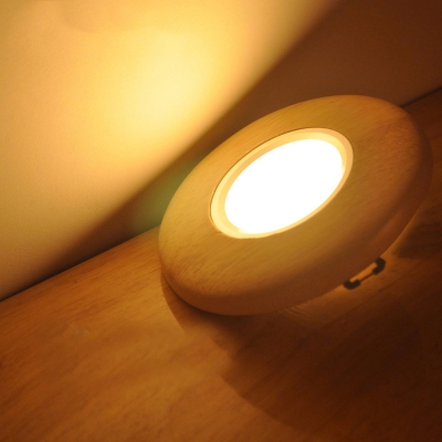 Round Wood Mini Ceiling Light Modern Beige Flush Mount Recessed Lighting in Warm/White Light