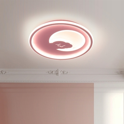 Seagull Patterned Round Flush Light Nordic Acrylic Pink/White LED Ceiling Mount Lighting in Warm/White Light, 16